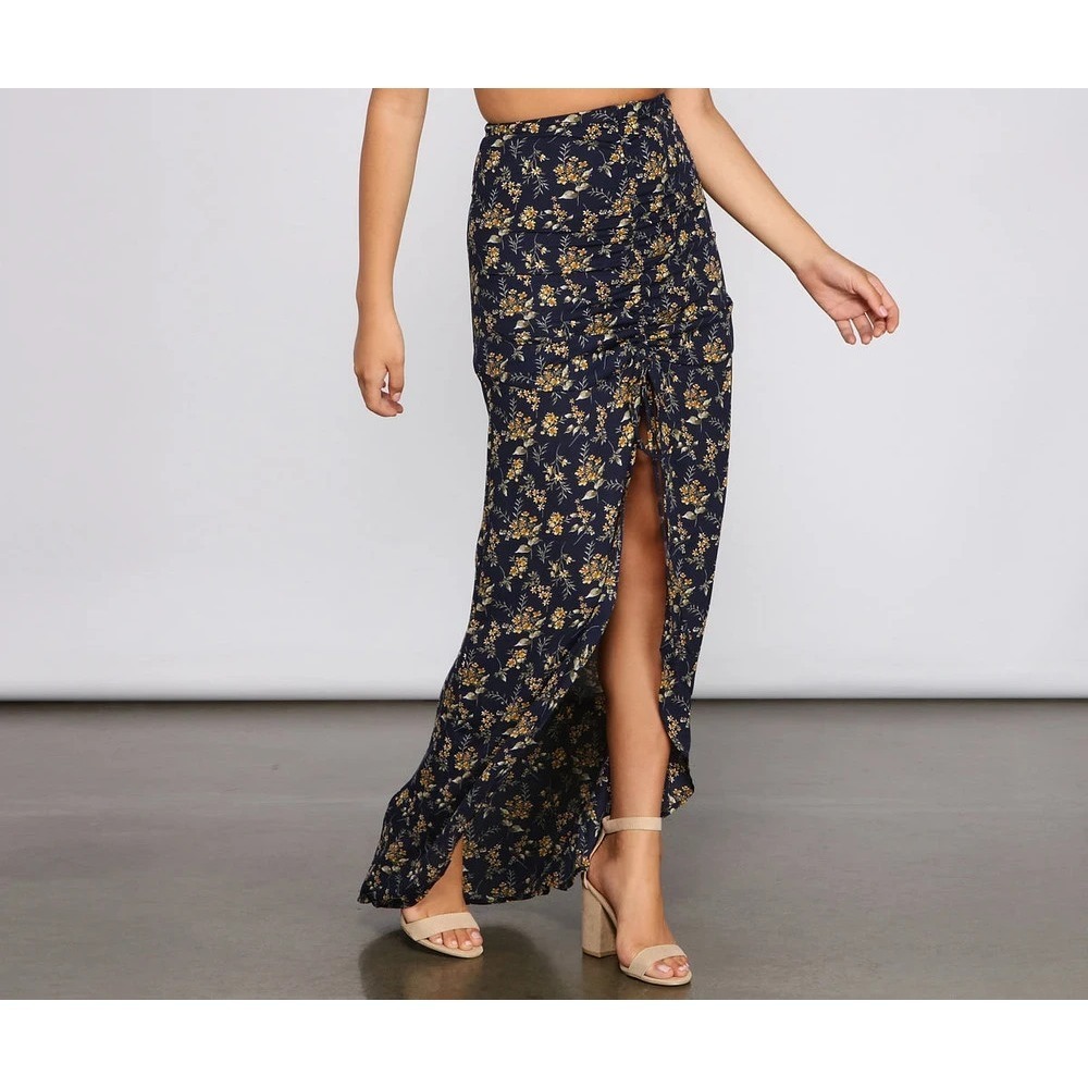 NWT Windsor Women's S Blue Ditsy Floral Ruched High Slit Sheer Lined‎ Maxi Skirt